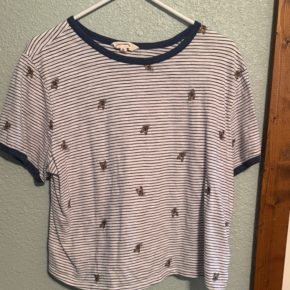Lucky Brand Frenchie Bull Dog Navy-White Striped Tee Size XL